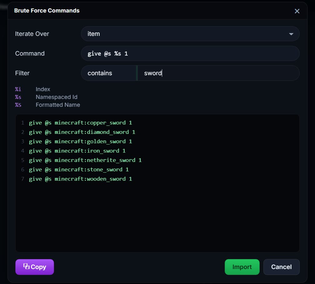 Brute Force Commands generating a give command for every sword