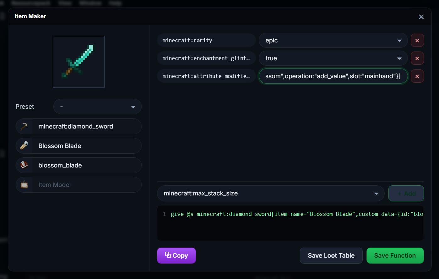 The Item Maker window creating the Blossom Blade with custom components