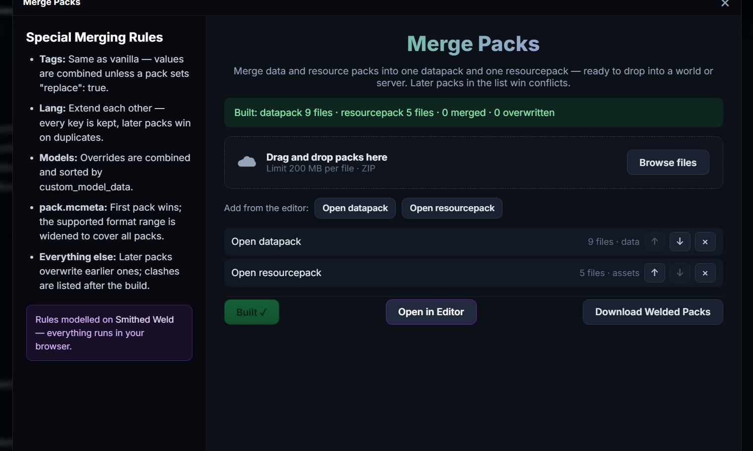 The Merge Packs window after building two packs