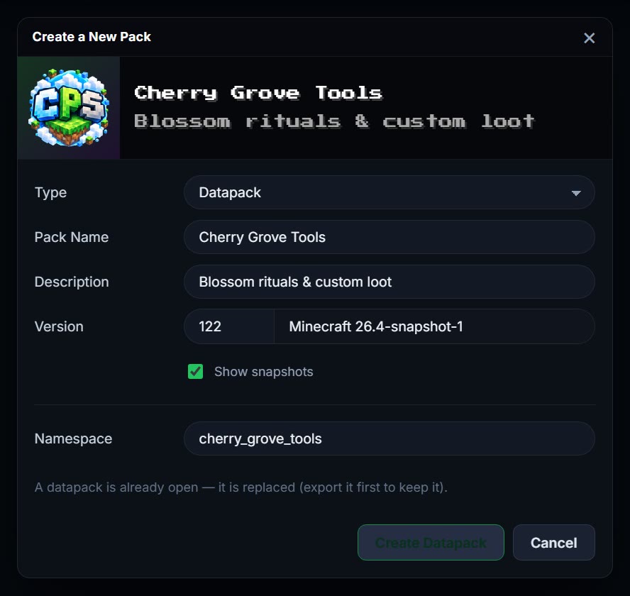 The Create a New Pack window targeting a Minecraft snapshot, with a live pack preview
