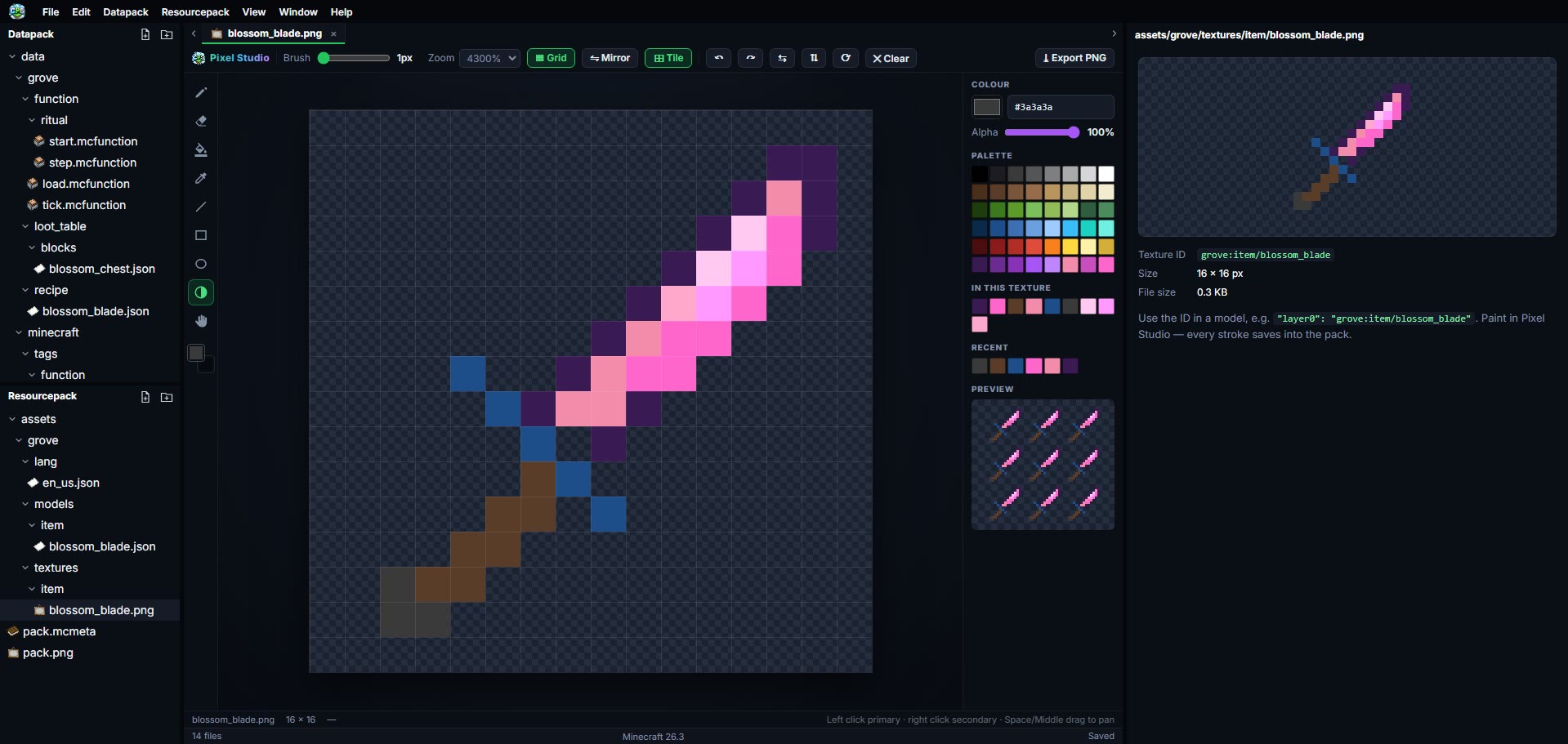 Pixel Studio painting a pink Blossom Blade texture with the tile preview on