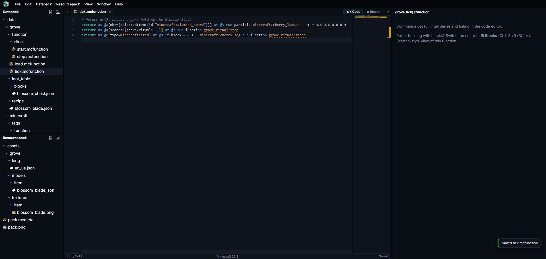 CloudPack Studio code editor with the datapack and resourcepack file trees