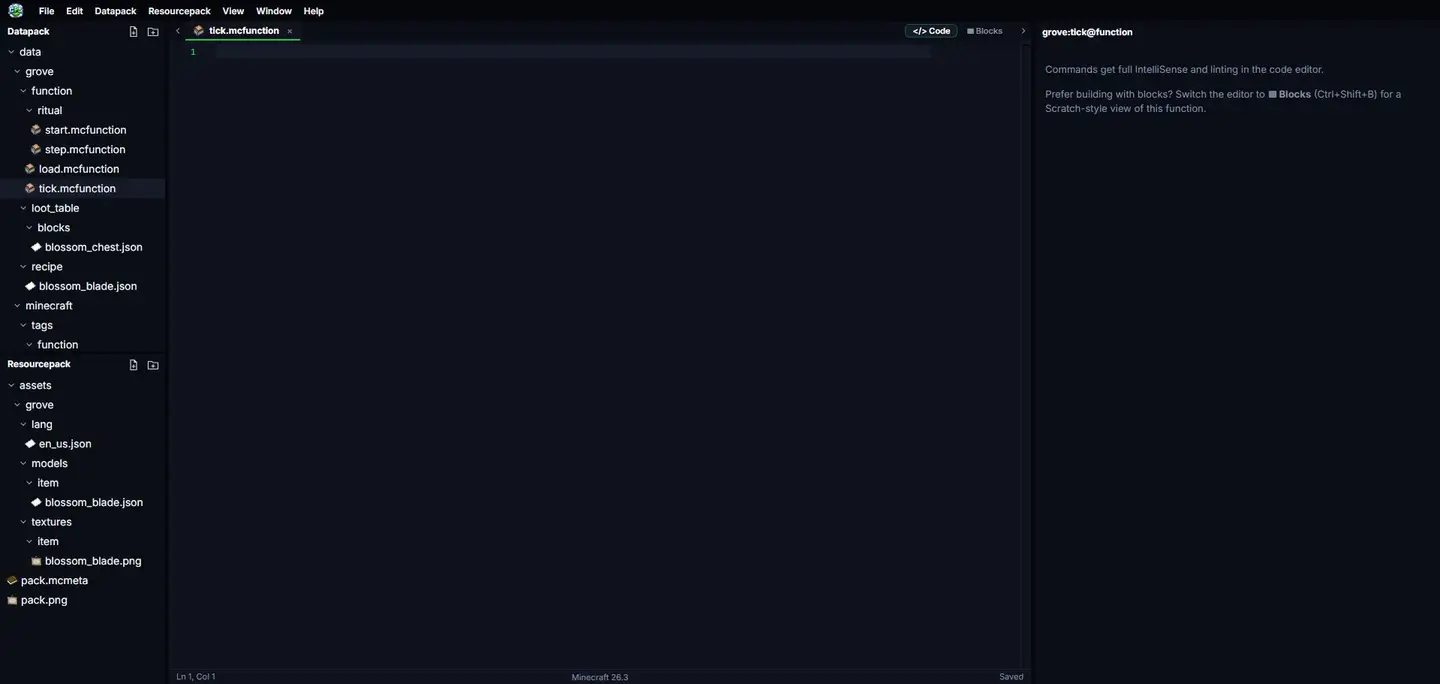 CloudPack Studio: a Minecraft function being typed with live Spyglass completions