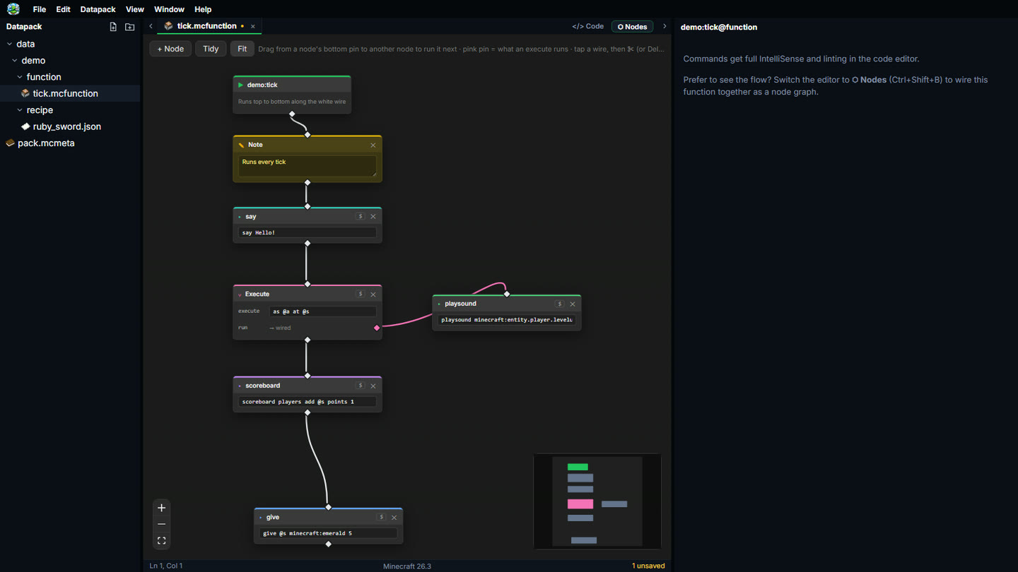 A function in the node editor: Start wired to say, an Execute node running playsound, and a scoreboard command