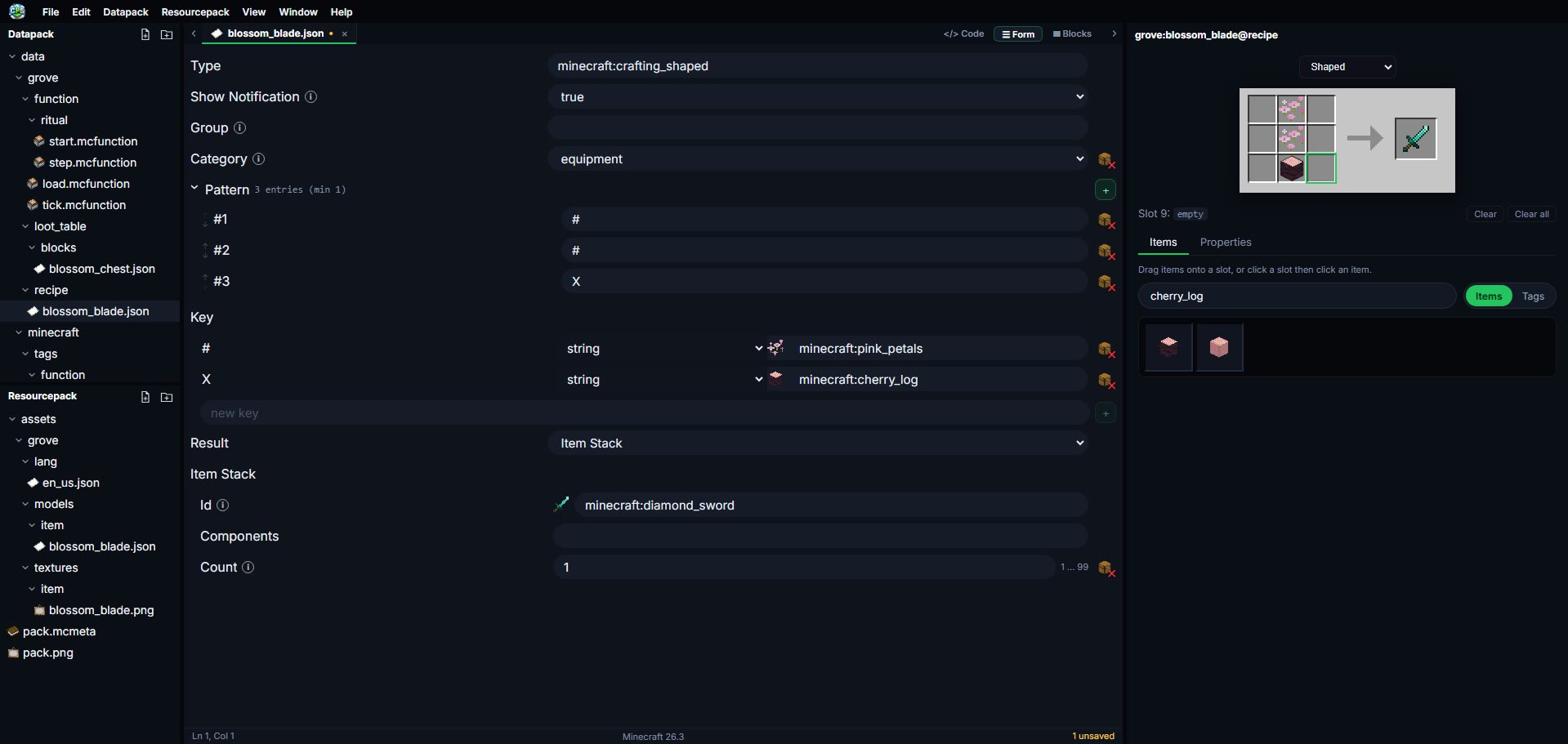 Shaped recipe in the form editor next to the live crafting grid and item palette
