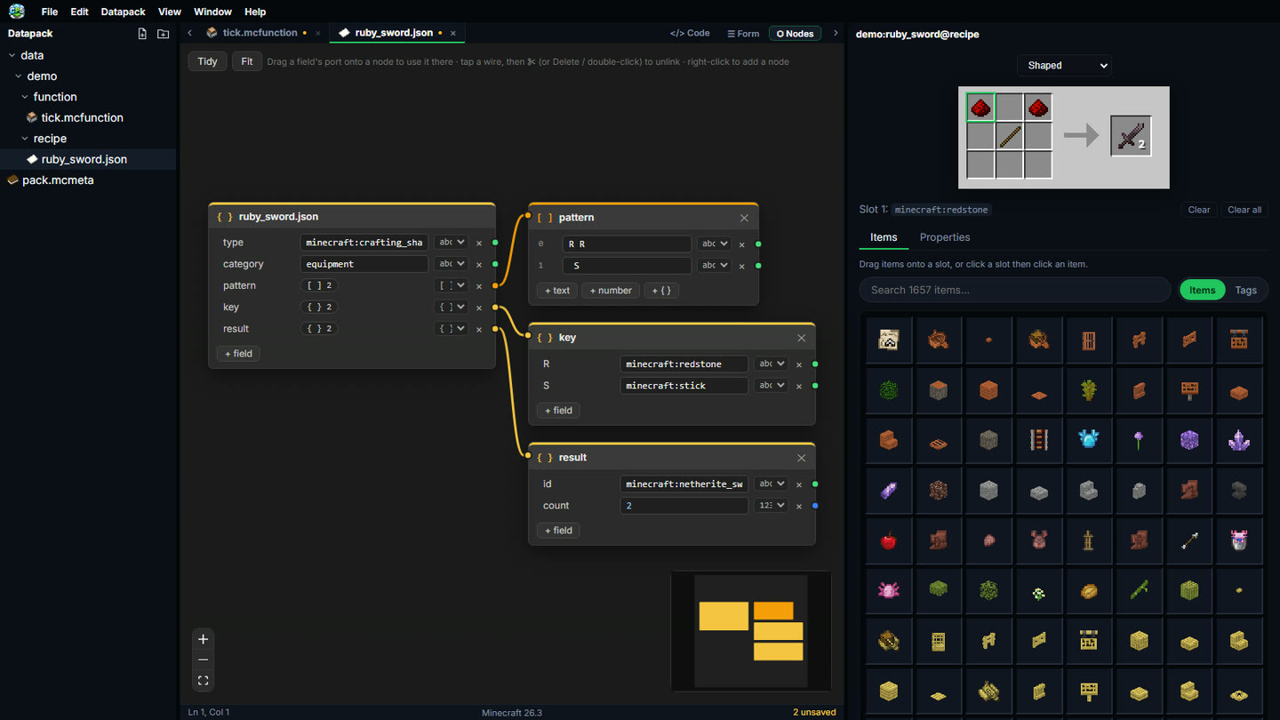 The same recipe as a node graph: the recipe object wired to its key, pattern and result nodes